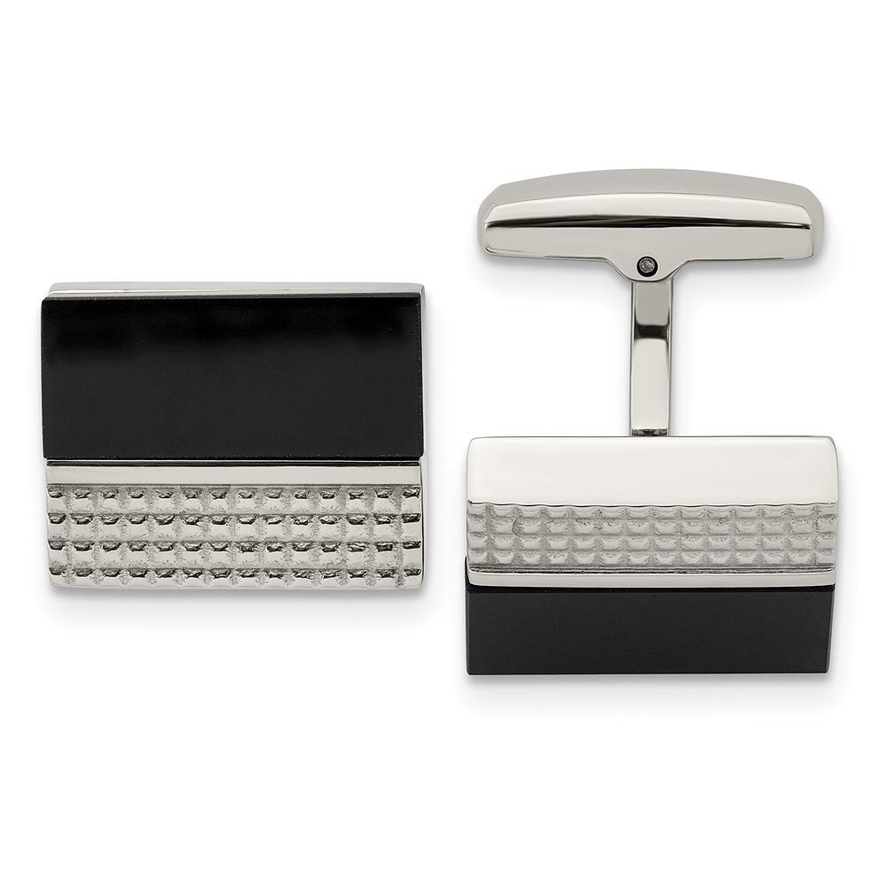 Stainless Steel Polished And Textured Black Agate Square Cufflinks