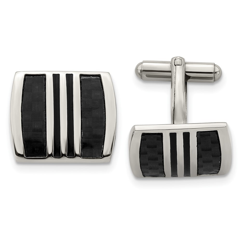 Stainless Steel Chisel Polished With Black Carbon Fiber Inlay And Enamel Cufflinks