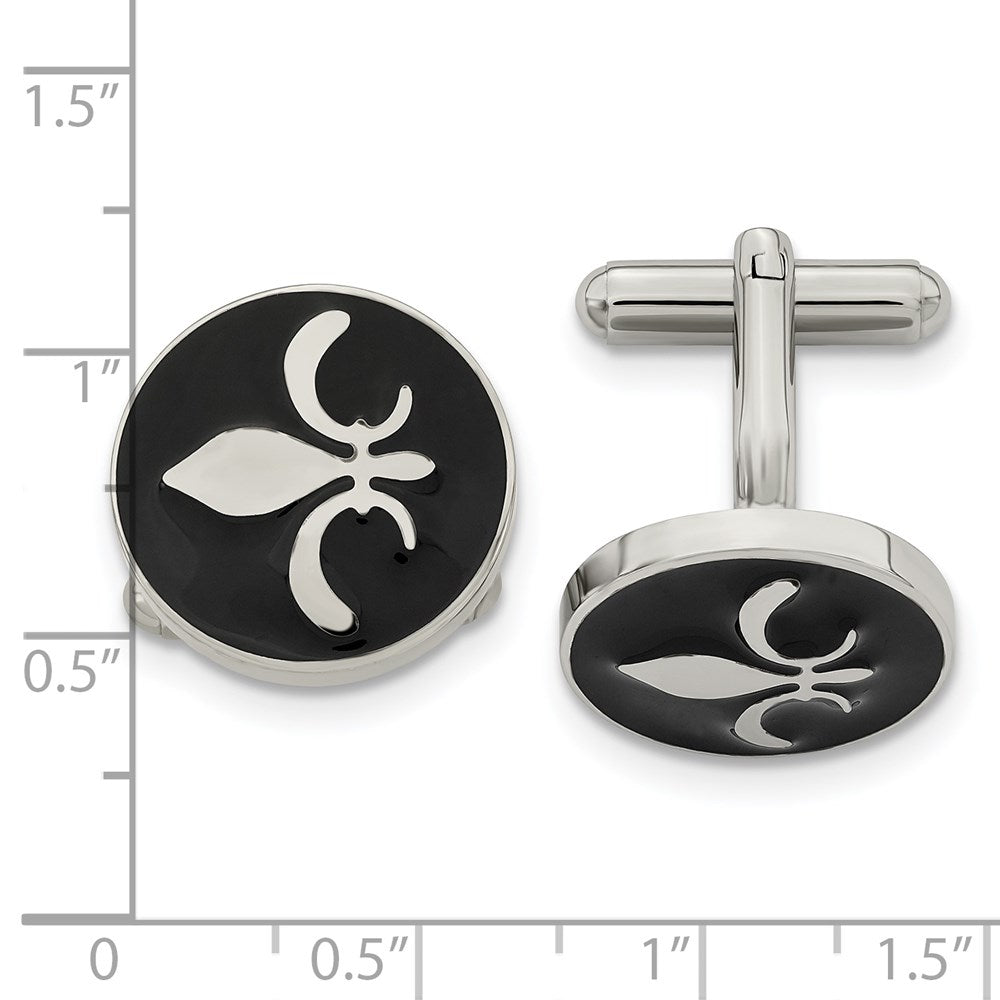 Stainless Steel Chisel Polished Enameled With Fleur De Lis Circle Cufflinks