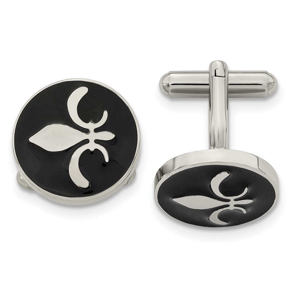 Stainless Steel Chisel Polished Enameled With Fleur De Lis Circle Cufflinks
