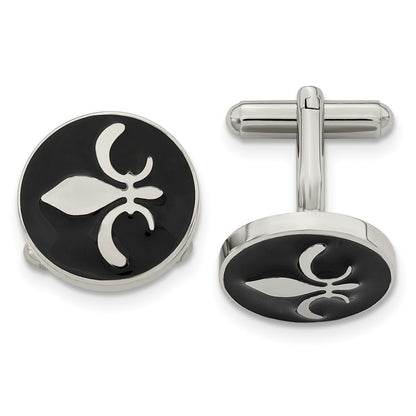 Stainless Steel Chisel Polished Enameled With Fleur De Lis Circle Cufflinks