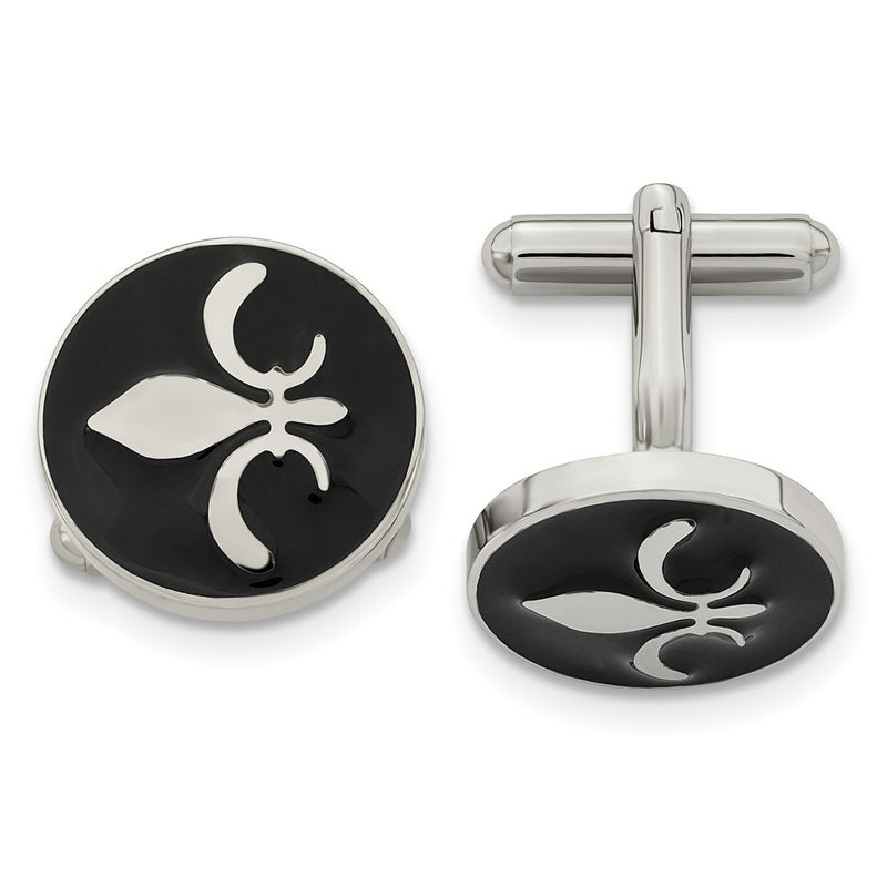 Stainless Steel Chisel Polished Enameled With Fleur De Lis Circle Cufflinks
