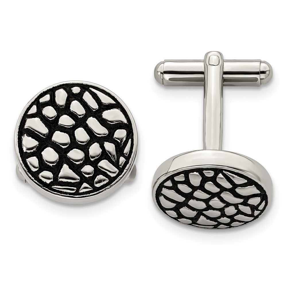 Stainless Steel Antiqued Polished And Textured Circle Cufflinks