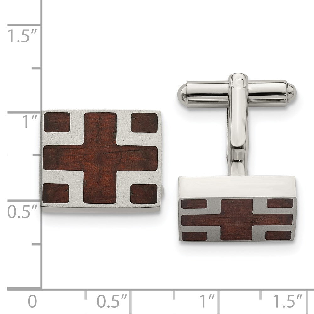 Stainless Steel Chisel Polished With Cherry Wood Inlay Cross Design Square Cufflinks