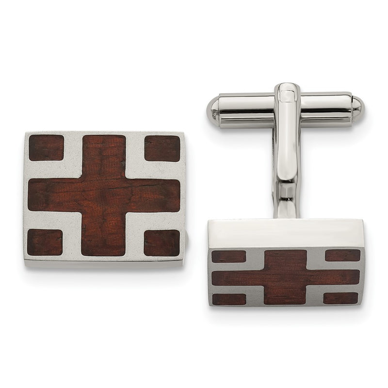 Stainless Steel Chisel Polished With Cherry Wood Inlay Cross Design Square Cufflinks
