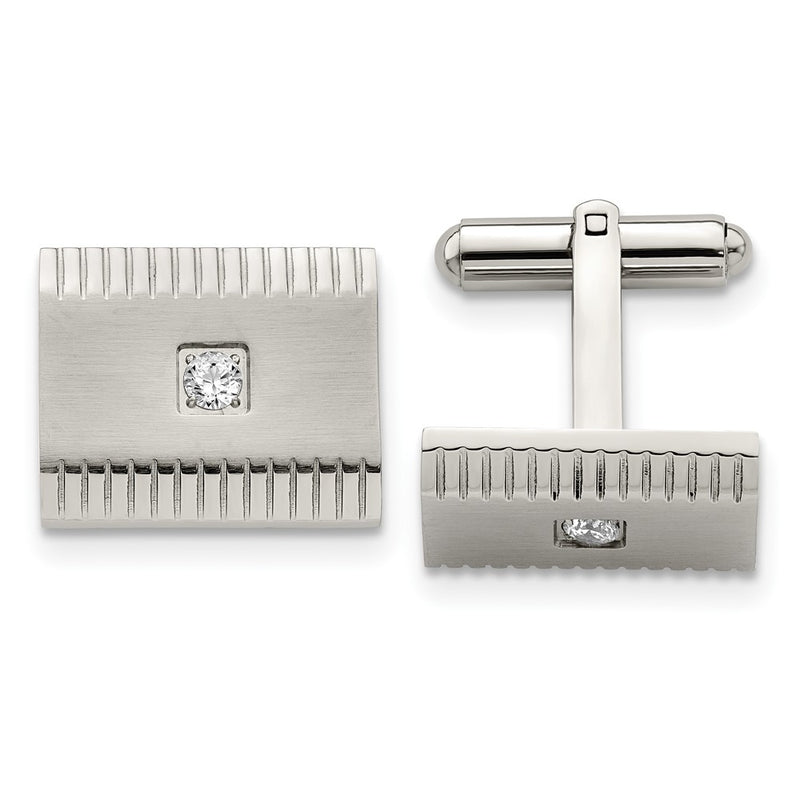 Stainless Steel Brushed Polished And Textured Cz Square Cufflinks