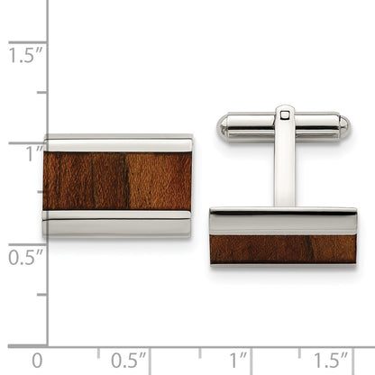 Stainless Steel Chisel Polished Koa Wood Inlay Rectangle Cufflinks
