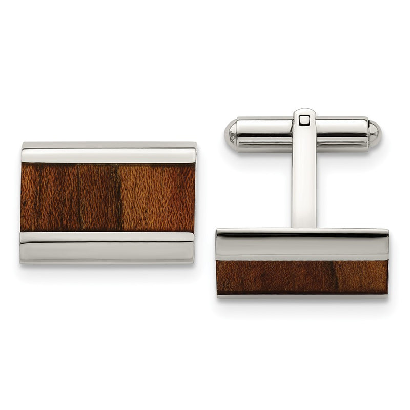 Stainless Steel Chisel Polished Koa Wood Inlay Rectangle Cufflinks