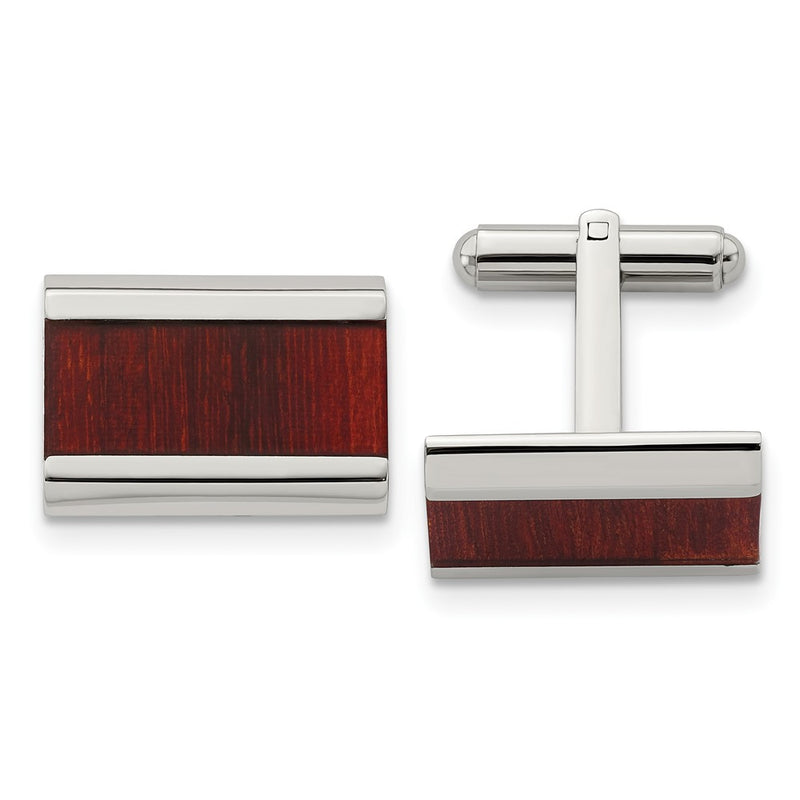 Stainless Steel Chisel Polished Red Koa Wood Inlay Rectangle Cufflinks