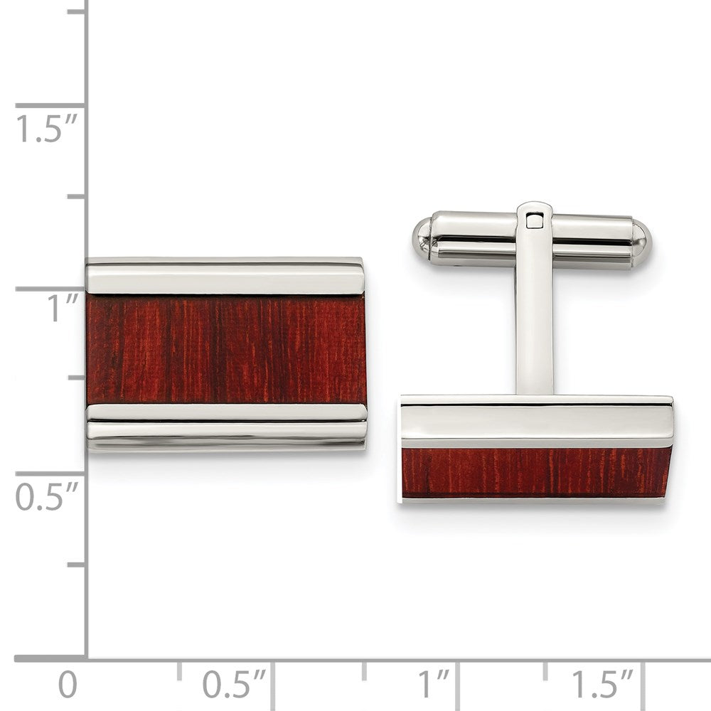 Stainless Steel Chisel Polished Red/Orange Koa Wood Inlay Rectangle Cufflinks