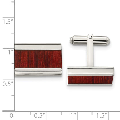 Stainless Steel Chisel Polished Red/Orange Koa Wood Inlay Rectangle Cufflinks