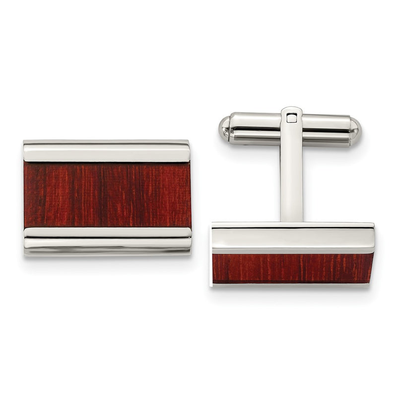 Stainless Steel Chisel Polished Red/Orange Koa Wood Inlay Rectangle Cufflinks