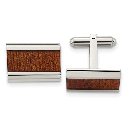 Stainless Steel Chisel Polished Light Brown Koa Wood Inlay Rectangle Cufflinks