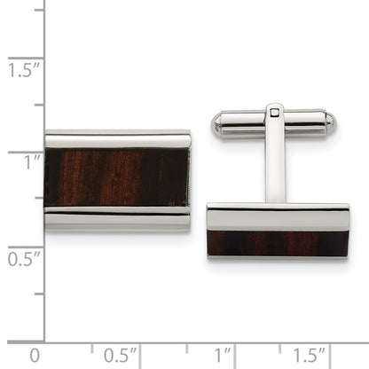 Stainless Steel Chisel Polished Black Koa Wood Inlay Rectangle Cufflinks