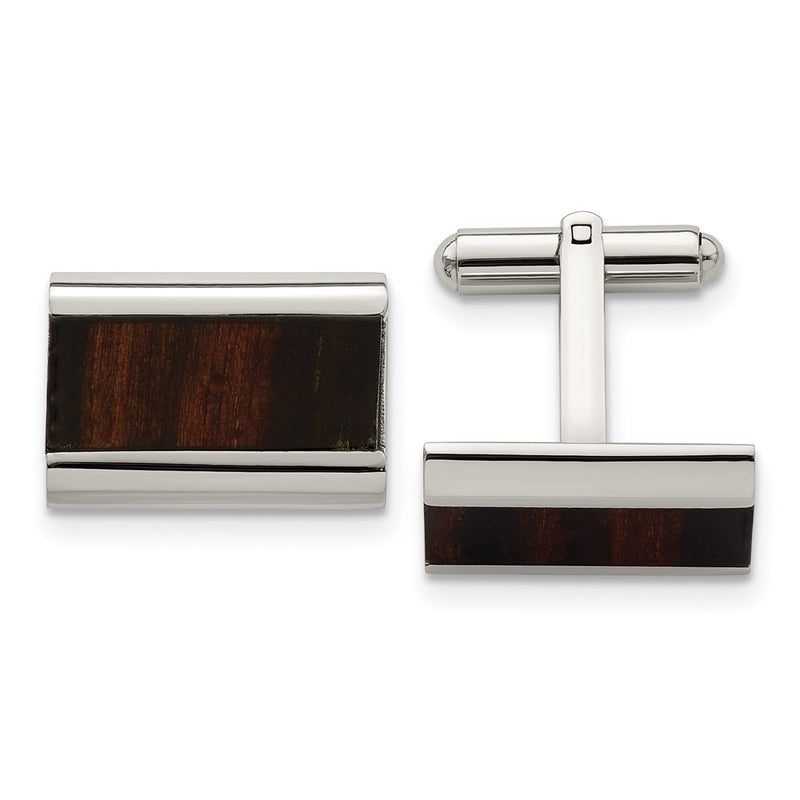 Stainless Steel Chisel Polished Black Koa Wood Inlay Rectangle Cufflinks