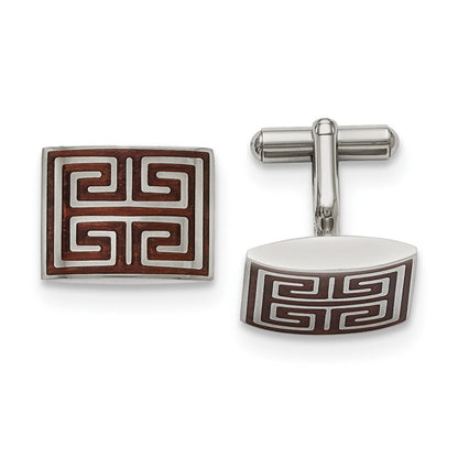 Stainless Steel Chisel Polished Koa Wood Inlay Rectangle Cufflinks