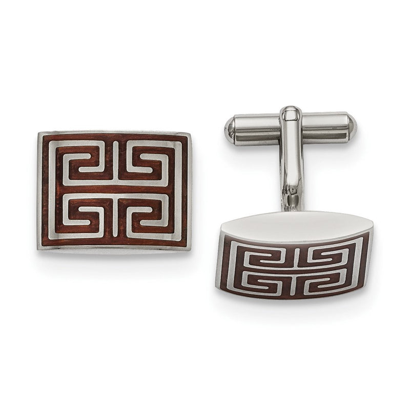 Stainless Steel Chisel Polished Koa Wood Inlay Rectangle Cufflinks