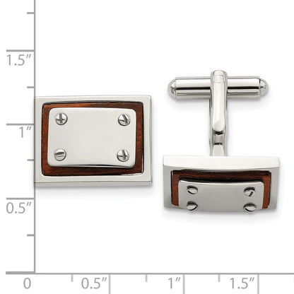 Stainless Steel Chisel Polished Koa Wood Inlay Rectangle Cufflinks