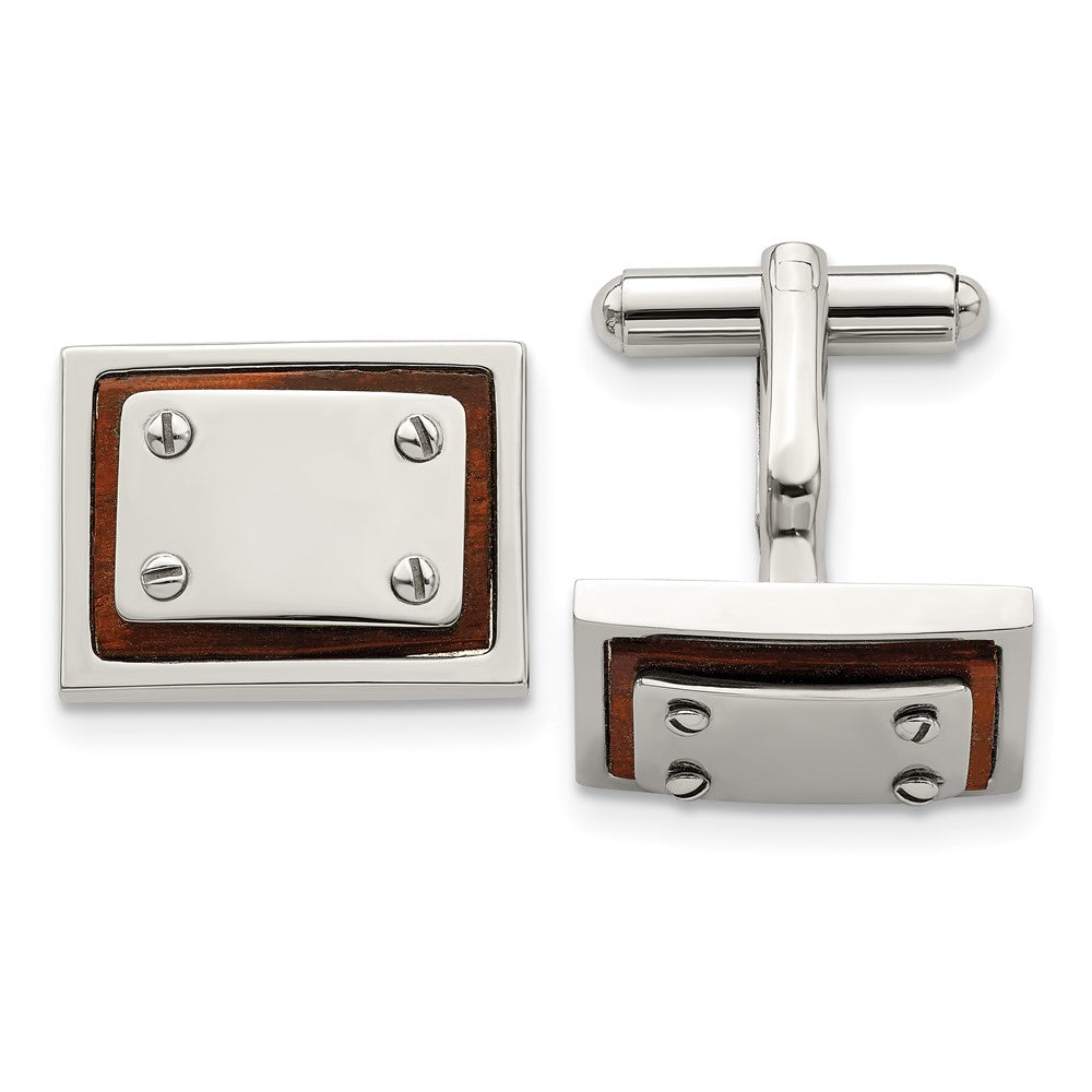 Stainless Steel Chisel Polished Koa Wood Inlay Rectangle Cufflinks