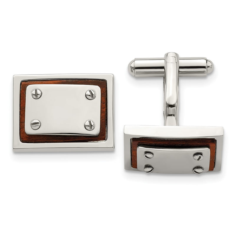 Stainless Steel Chisel Polished Koa Wood Inlay Rectangle Cufflinks
