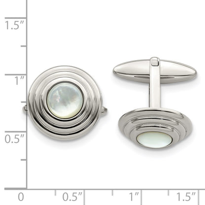 Stainless Steel Polished Mother Of Pearl Circle Cufflinks