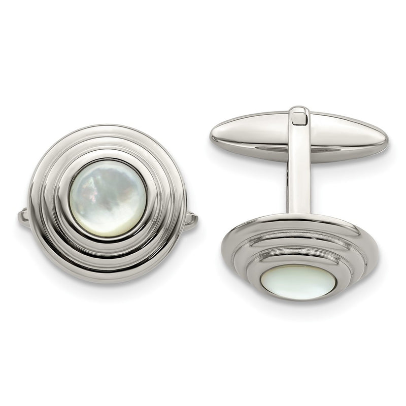 Stainless Steel Polished Mother Of Pearl Circle Cufflinks