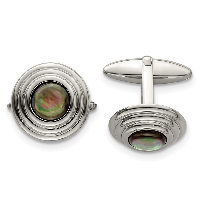 Stainless Steel Chisel Polished Black Mother Of Pearl Circle Cufflinks
