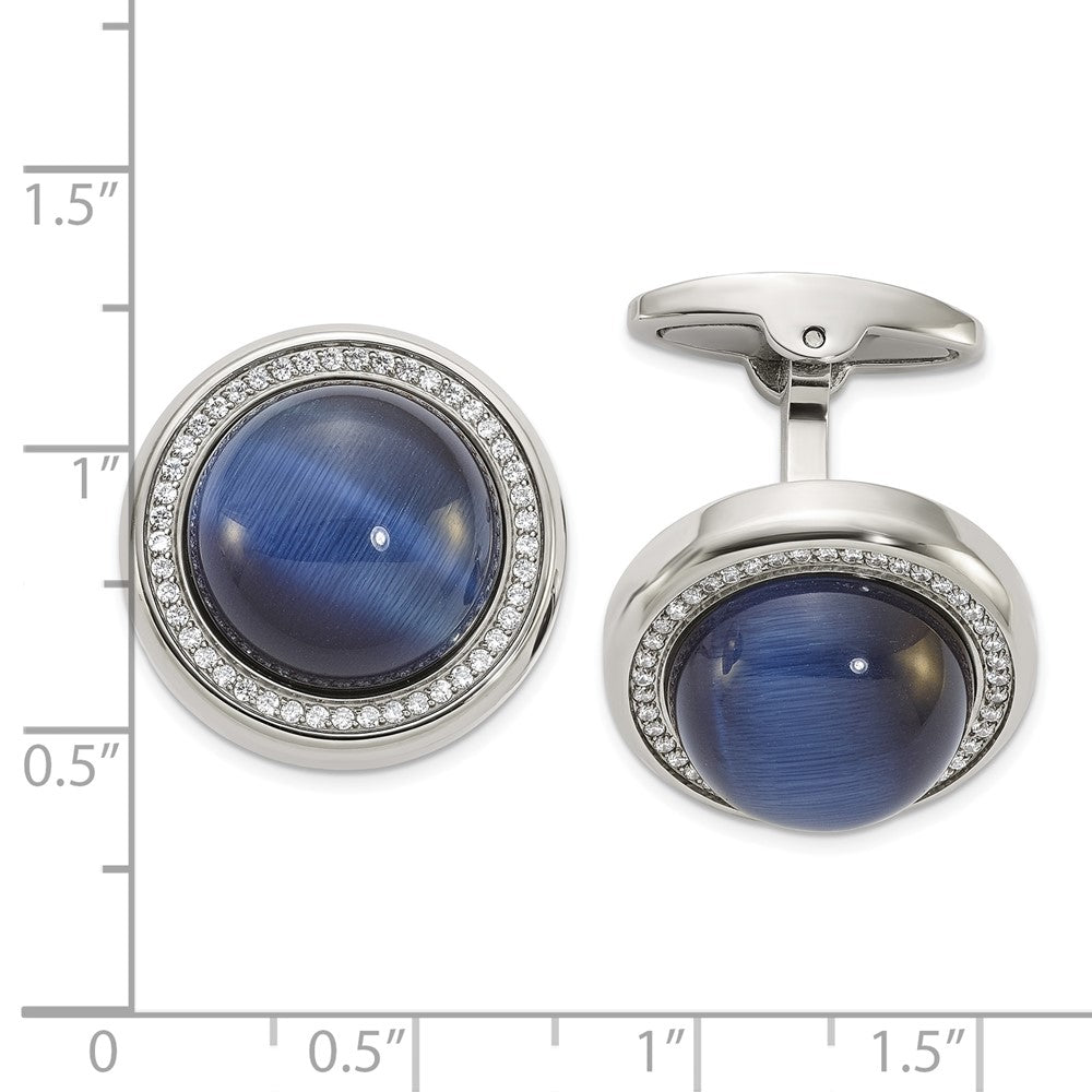 Stainless Steel Chisel Polished With Cz And Black/Blue Onyx Circle Cufflinks