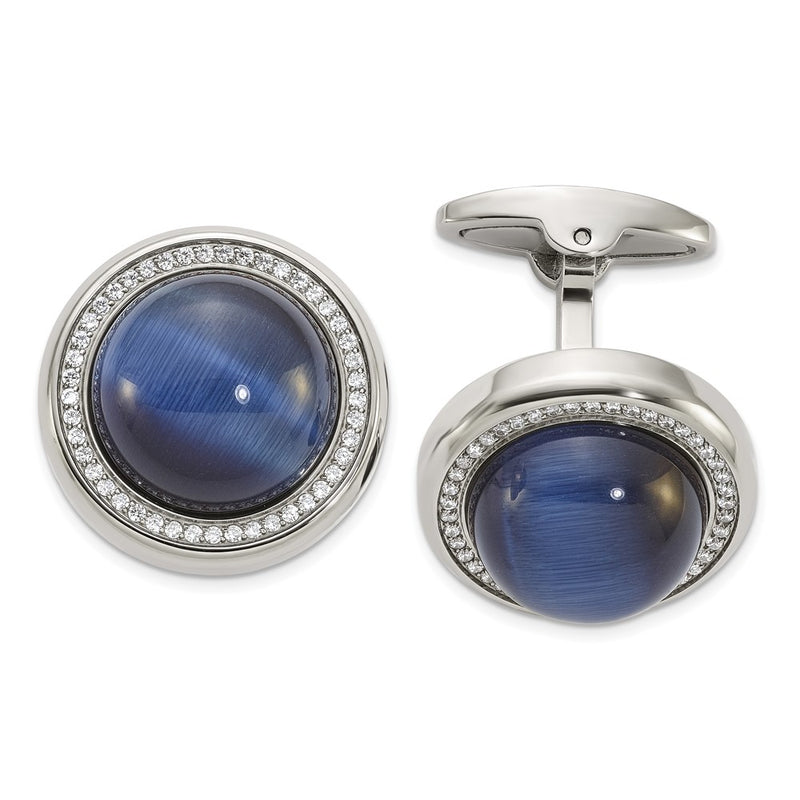 Stainless Steel Chisel Polished With Cz And Black/Blue Onyx Circle Cufflinks