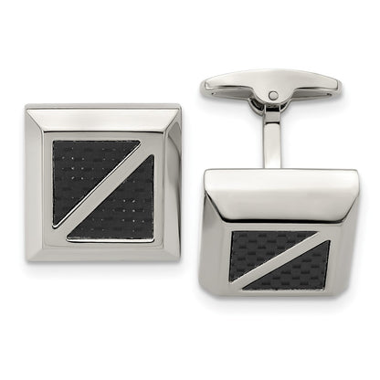 Stainless Steel Polished With Black Carbon Fiber Inlay Square Cufflinks