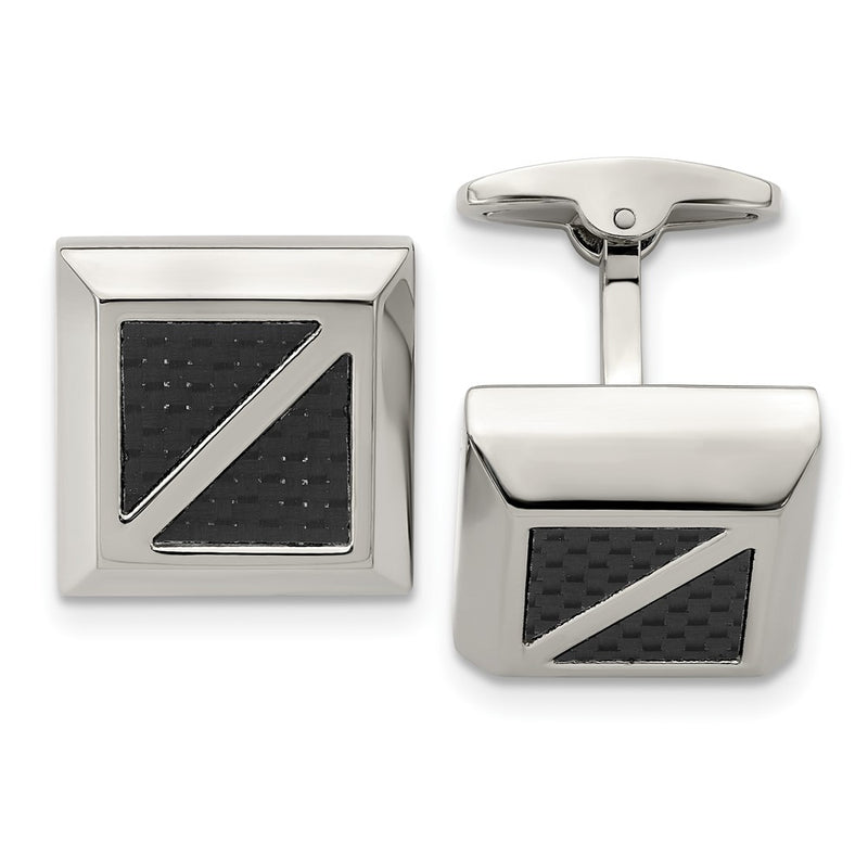 Stainless Steel Polished With Black Carbon Fiber Inlay Square Cufflinks