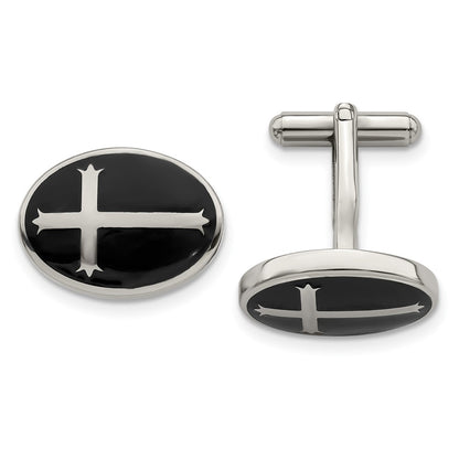 Stainless Steel Chisel Polished Enameled Cross Circle Cufflinks