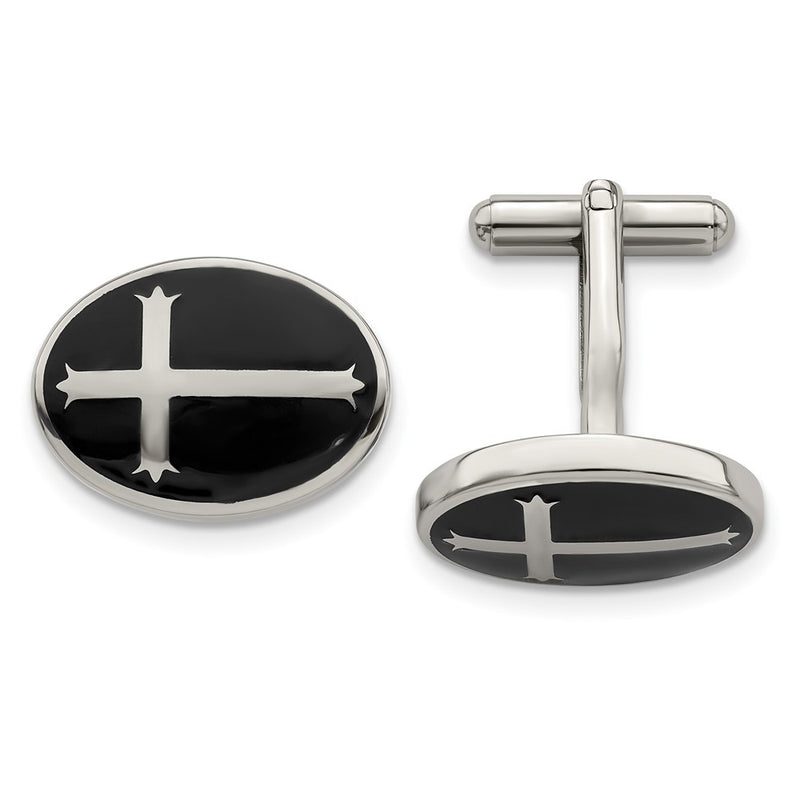 Stainless Steel Chisel Polished Enameled Cross Circle Cufflinks