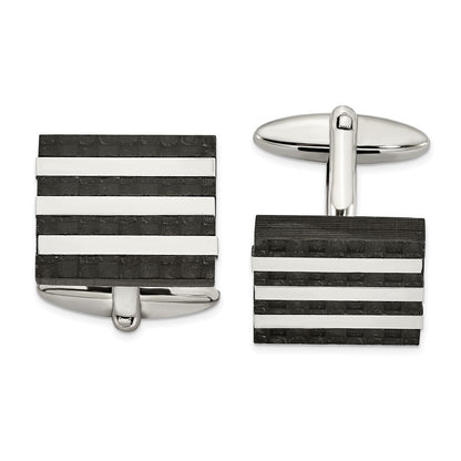 Stainless Steel Brushed And Polished Solid Carbon Fiber Square Cufflinks