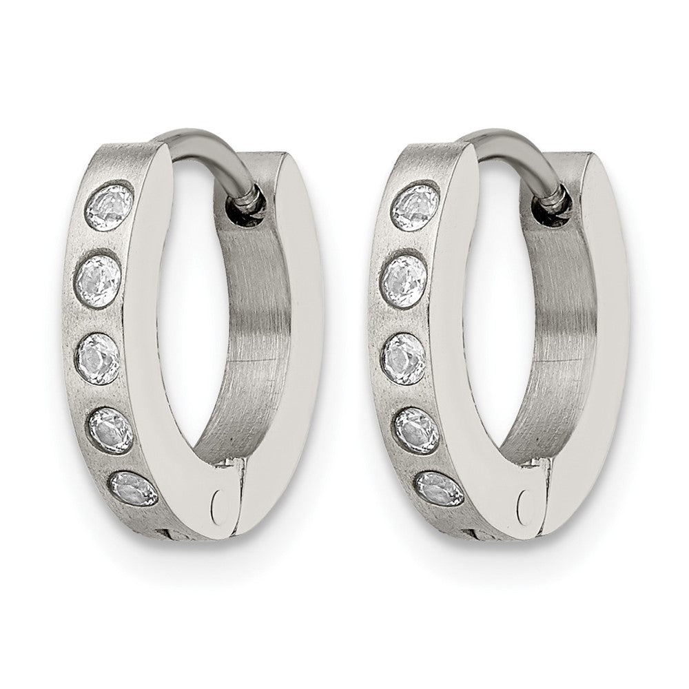 Stainless Steel Chisel Brushed And Polished With Cz 2mm Hinged Hoop Earrings