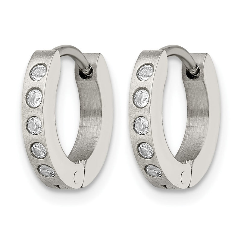 Stainless Steel Chisel Brushed And Polished With Cz 2mm Hinged Hoop Earrings
