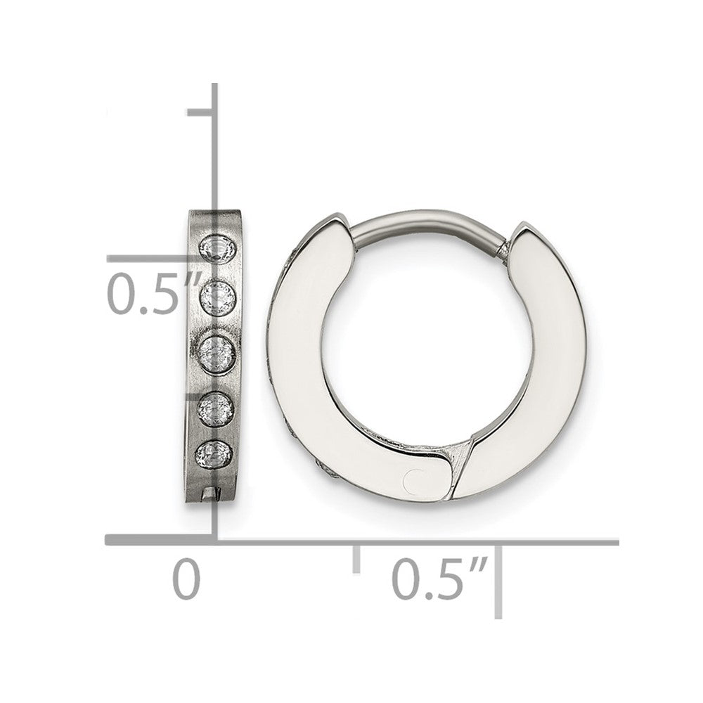 Stainless Steel Chisel Brushed And Polished With Cz 2mm Hinged Hoop Earrings
