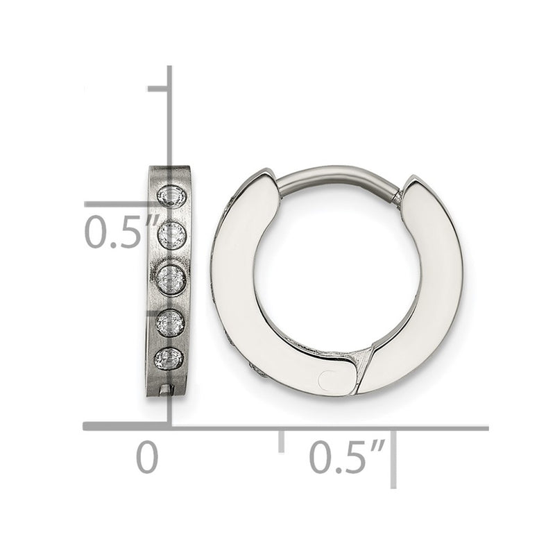 Stainless Steel Chisel Brushed And Polished With Cz 2mm Hinged Hoop Earrings