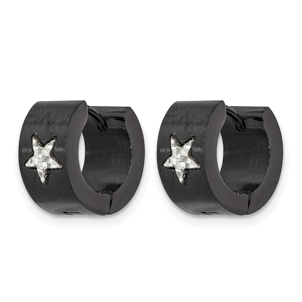 Stainless Steel Chisel Brushed Black Ip-Plated With Grey Carbon Fiber Star Hinged Hoop Earrings