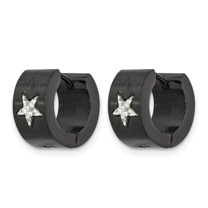 Stainless Steel Chisel Brushed Black Ip-Plated With Grey Carbon Fiber Star Hinged Hoop Earrings