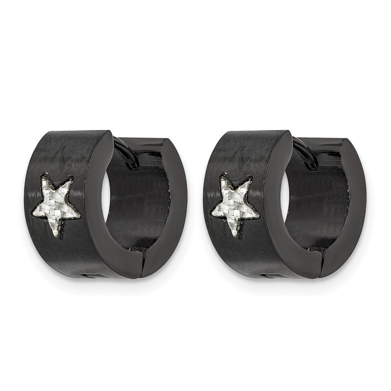 Stainless Steel Chisel Brushed Black Ip-Plated With Grey Carbon Fiber Star Hinged Hoop Earrings