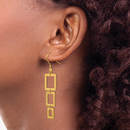 Stainless Steel Chisel Polished Yellow Ip-Plated Squares Dangle Shepherd Hook Earrings