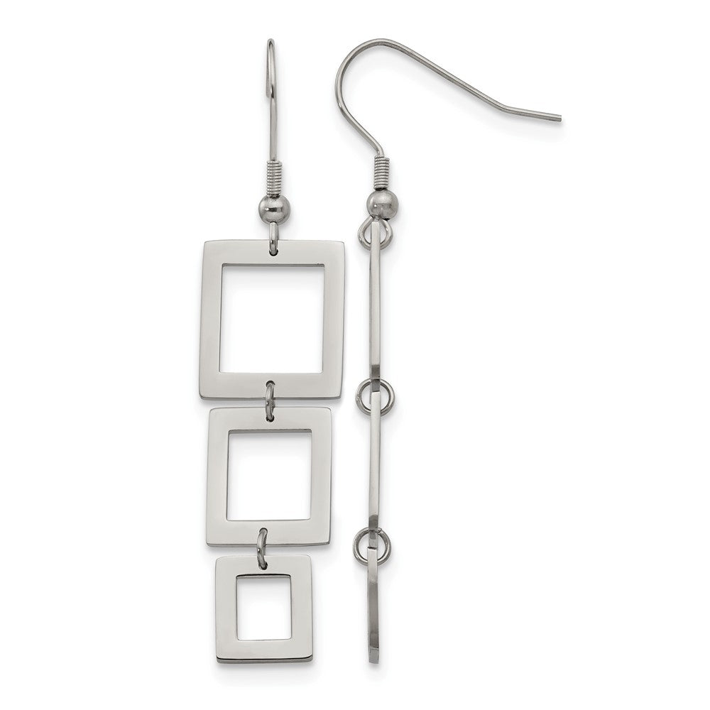 Stainless Steel Chisel Polished Squares Dangle Shepherd Hook Earrings