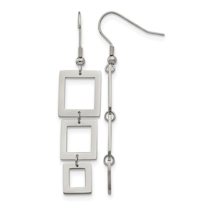 Stainless Steel Chisel Polished Squares Dangle Shepherd Hook Earrings