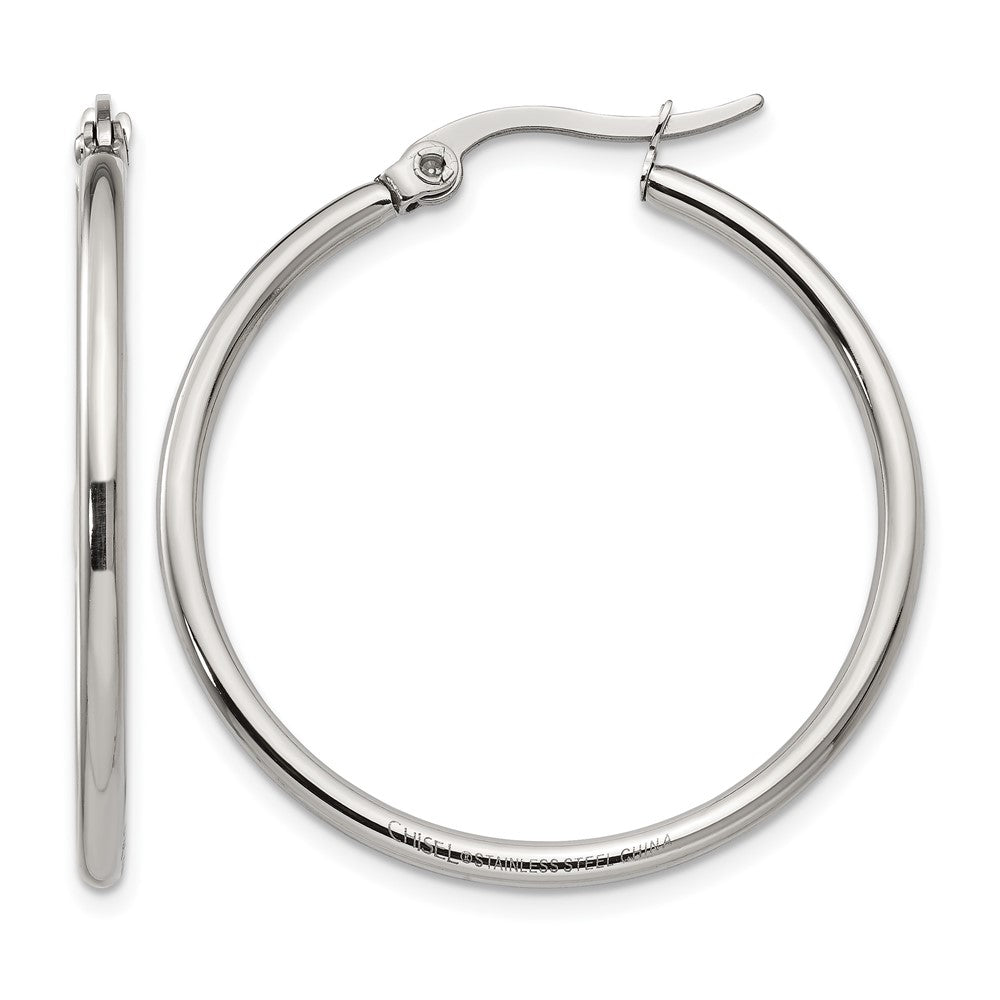 Stainless Steel Chisel Polished 32.5mm Diameter 2mm Hoop Earrings