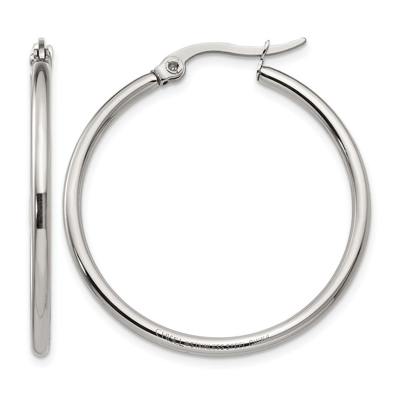 Stainless Steel Chisel Polished 32.5mm Diameter 2mm Hoop Earrings