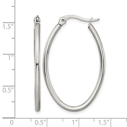 Stainless Steel Chisel Polished 25mm Diameter 2mm Oval Hoop Earrings
