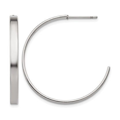 Stainless Steel Chisel Polished 33mm Diameter 3mm J Hoop Post Earrings