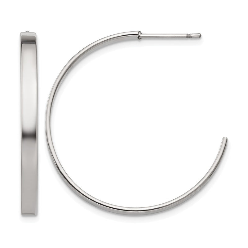 Stainless Steel Chisel Polished 33mm Diameter 3mm J Hoop Post Earrings