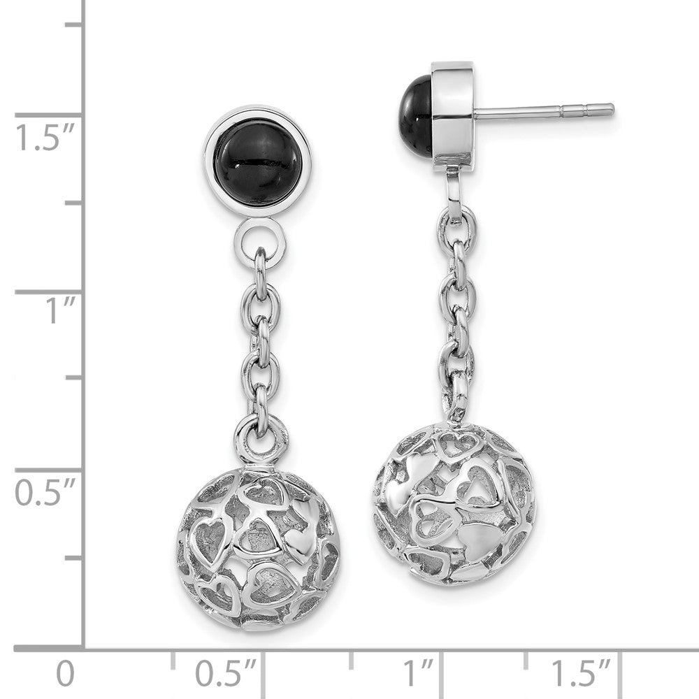 Stainless Steel Heart Cutouts Puffed Circle W/ Onyx Post Dangle Earrings